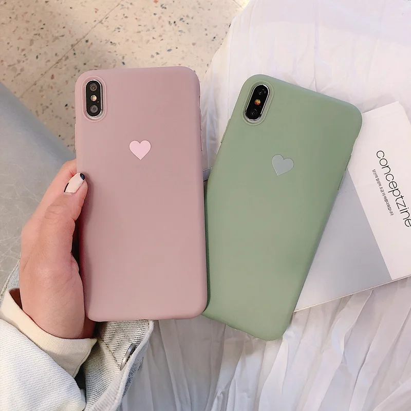 Одноцветные Силиконовые чехлы с сердечком для влюбленных пар iphone XR X XS Max 6 6S 7 8 Plus