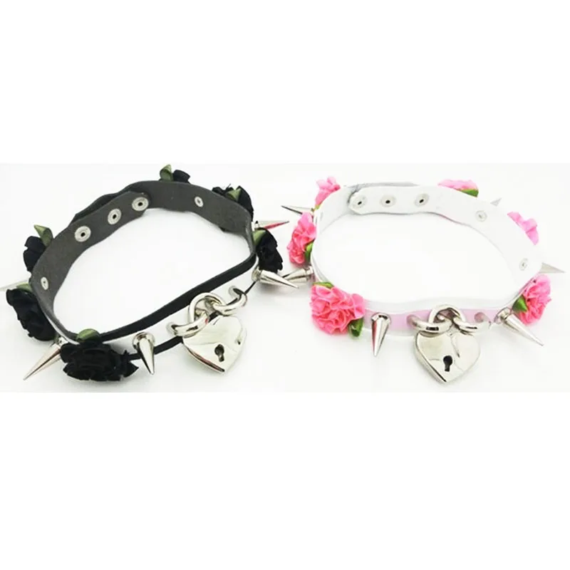 Handmade Double Layered Leather Spikes Choker Necklace Safe Heart Shaped Lock Key Collar Charm Pendant | Украшения и аксессуары