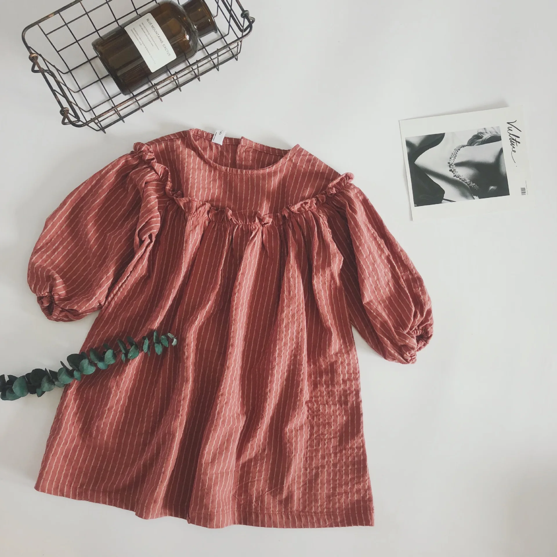 red Корейское осеннее детское платье для девочек, одежда в полоску, льняная детская одежда, милая детская одежда с оборками - Цвет: red