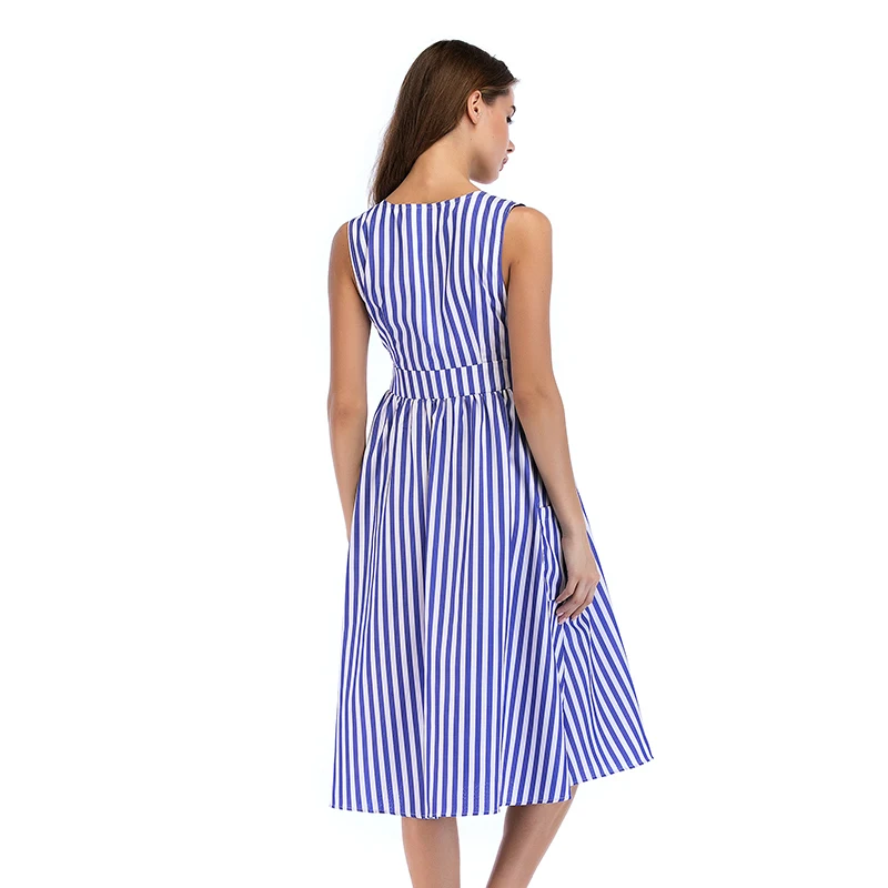 Women Summer V-Neck Elegant Maxi Striped Robe Sleeveless Vintage Ladies Pockets Dress New Fashion Female Sexy Vestidos Dresses | Женская