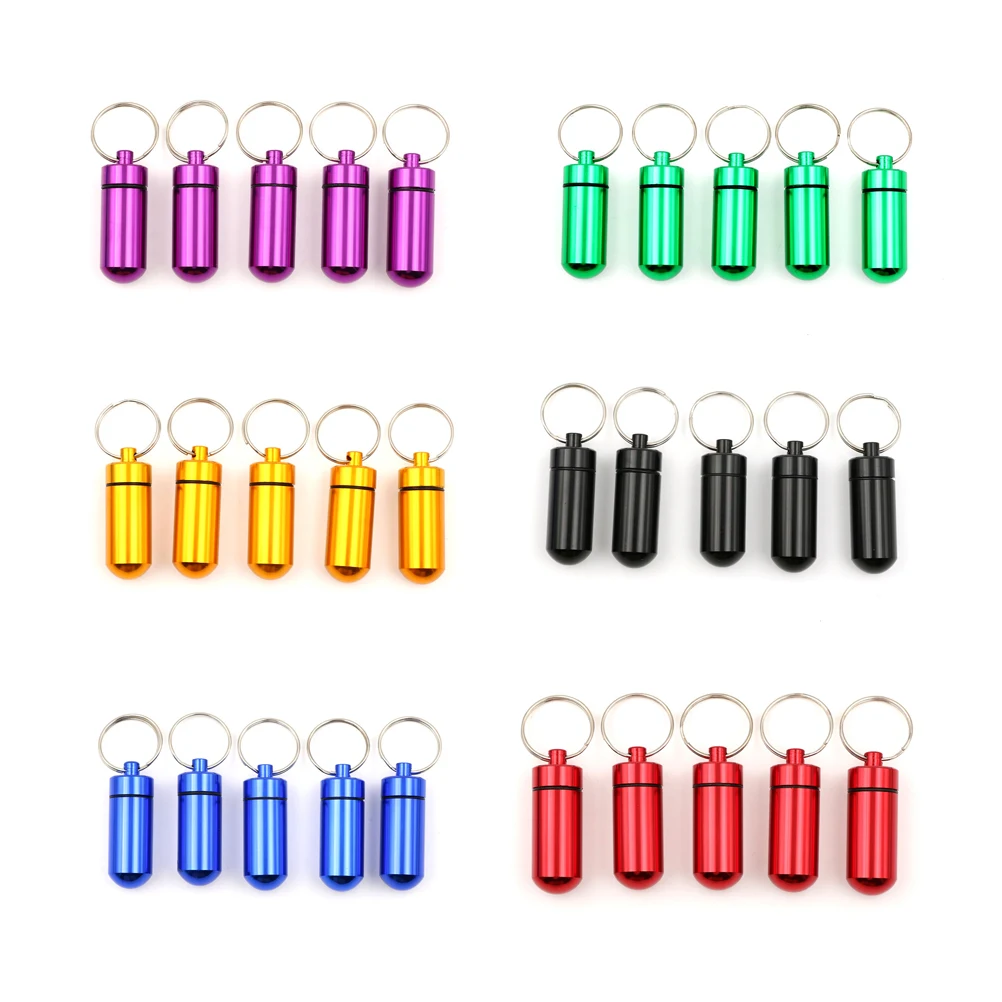 5pcs/set Hot Sale Pillbox Keychain Pill Box Aluminum Drug Pill WaterProof Cases Bottle Holder Container for Medicines 48*17MM