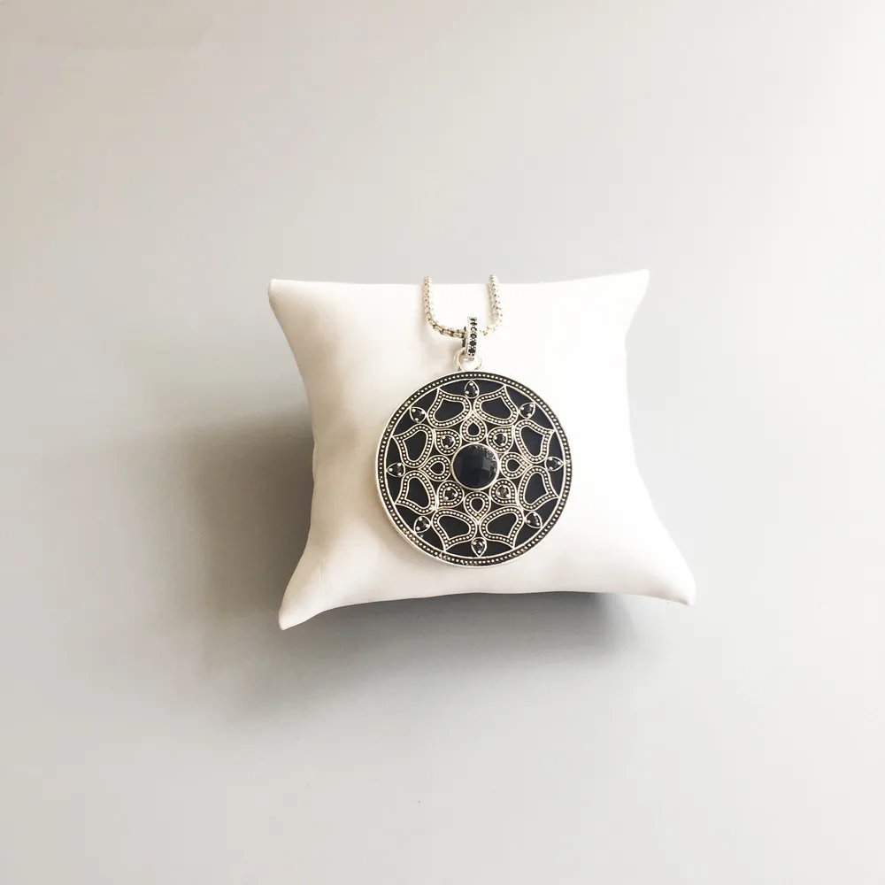 925 Sterling Silver Black Onyx Lotus Amulet Round Disc Pendants Fashion Chain Necklace Pendant Lotos Jewelry Gift for Women | Украшения и