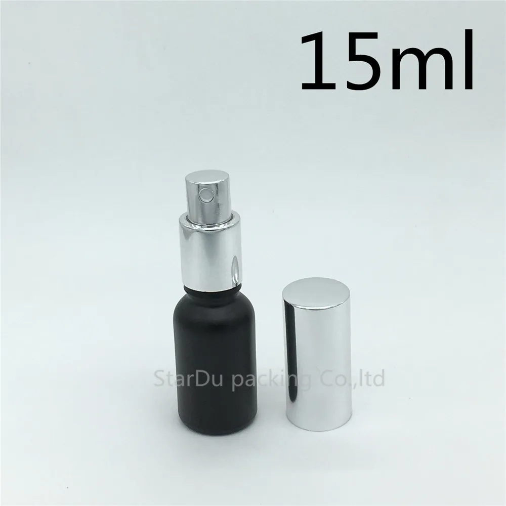 

Free Shipping 500pcs 15ml Black Frosted Glass Bottle With Silvery Aluminum sprayer,15cc Essential Oil Spray Perfume Bottle