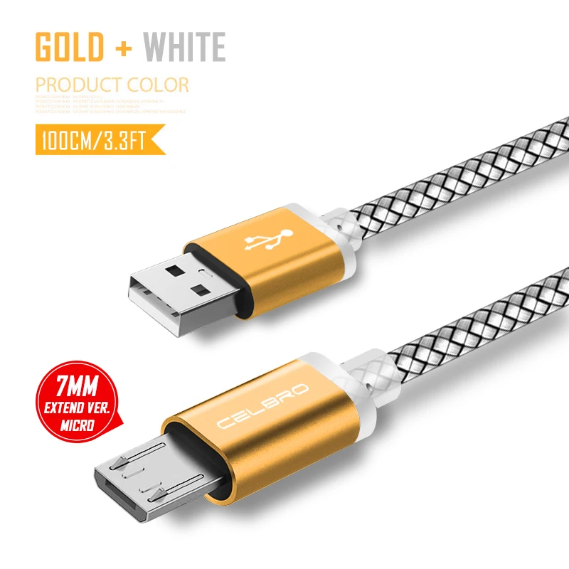 Gold Cable Micro USB кабель для быстрой зарядки для xiaomi huawei samsung 7 мм Длинный разъем Micro USB 2,4 A кабель для зарядного устройства Шнур для мобильного телефона - Тип штекера: Gold Cable