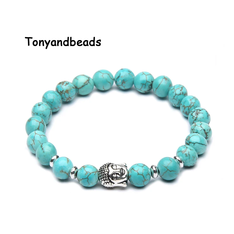 Turquoise Натуральный камень Бусины Браслет античный серебряный Будда Браслеты и браслеты для женщин или мужчин No. NB2 - Окраска металла: Turquoise