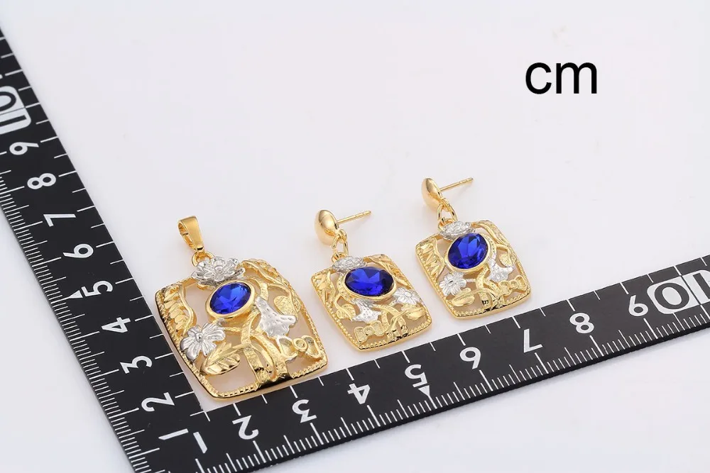 Exclusive Blue Empress Square Necklace Gold Color With Hollow Rectangle Sliver Stud Earrings Women Jewelry Sets|necklace white gold|gold artnecklace
