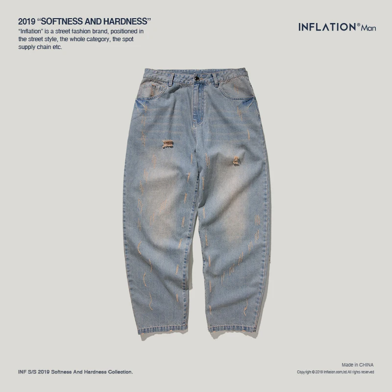 Инфляция 2019 AW Новое поступление уличная Жан Брюки прямые светильник синие джинсы