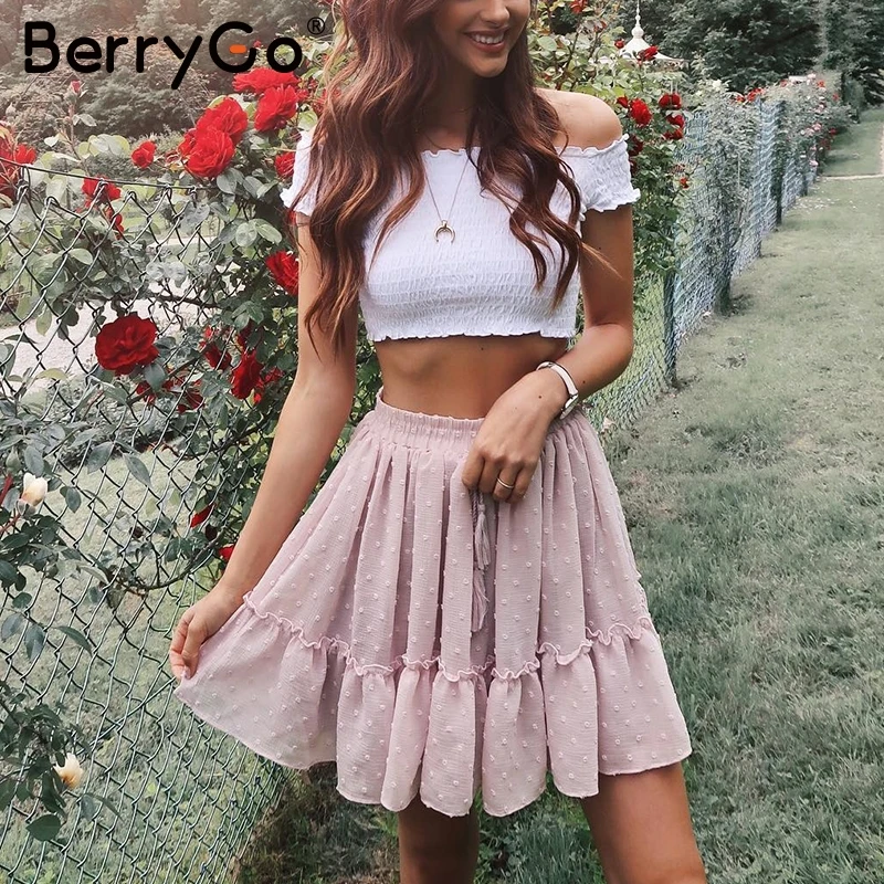 BerryGo Сексуальная Повседневная юбка в горошек с рюшами летняя розовая женская