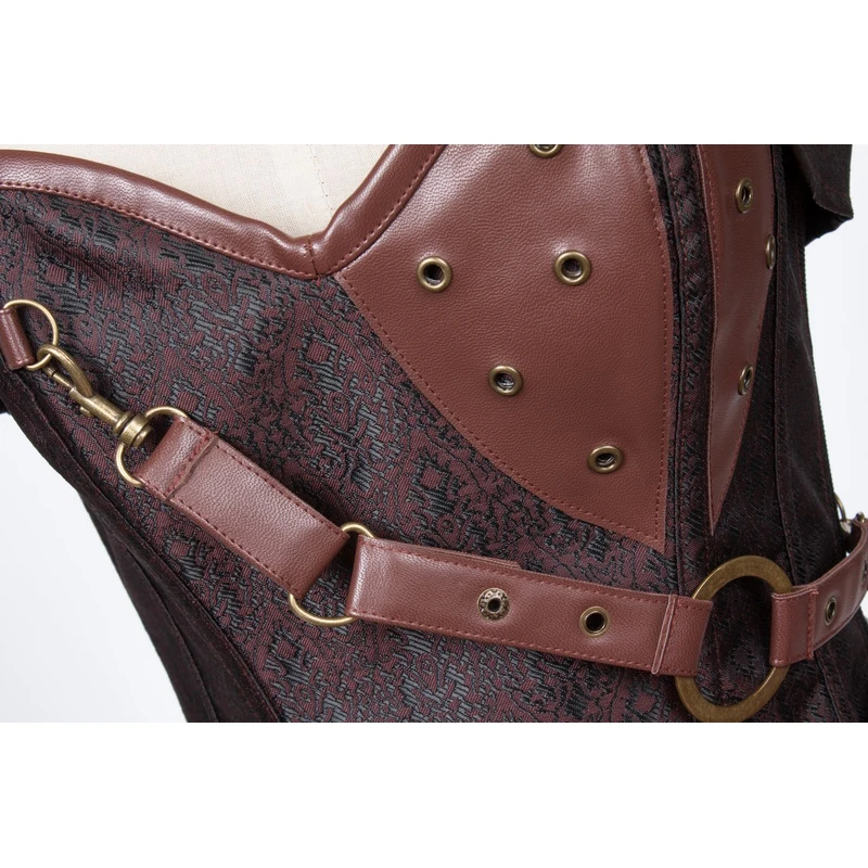 Винтаж коричневый кожаный заклепки сталь костей Overbust Готический корсет с