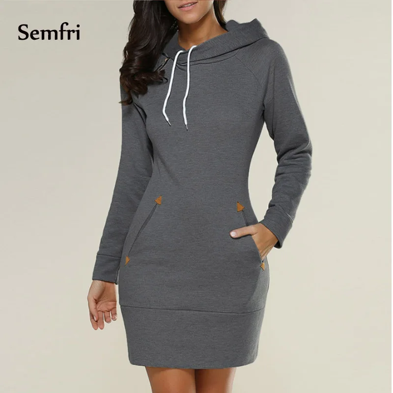 dark grey Semfri платье с капюшоном Женская мода толстовки свитшоты весна осень шнурок спортивные костюмы платья кофты с капюшоном, толстовка Vestidos - Цвет: dark grey