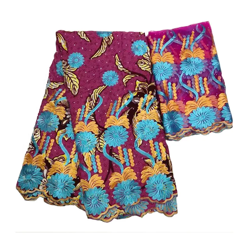 5 + 2 ярдов Африканский искусственный шелк ткань с Тюль французское кружево шарф