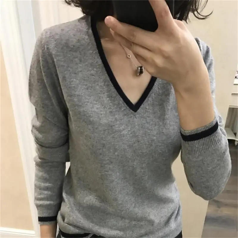 Gejas Ainyu autumn winter new V-neck knitted cashmere sweater women pullover tops Loose plus size Sweaters Brand Tops | Женская одежда