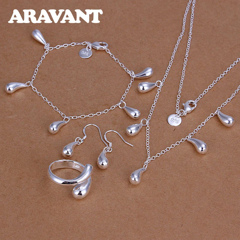 

925 Silver Water Drop Necklace Chains Rings Bracelet Earrings Set For Women Fashion Wedding Jewelry Gifts