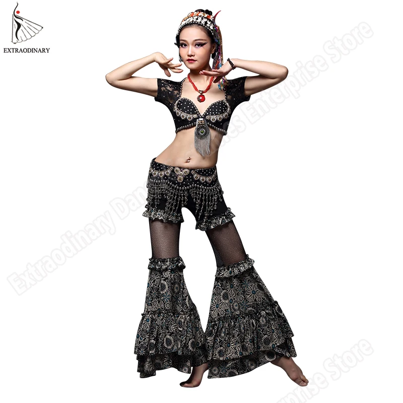 ATS Danza Del Ventre Tribale Pantaloni Top Cinghia Costumi Set Gypsy Donne Prestazione Della Fase Tribale Bra Hip Sciarpa di Perline Abiti di Pizzo