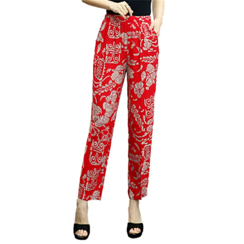 2019 модные длинные брюки летние брюки-карандаш с эластичным поясом и принтом