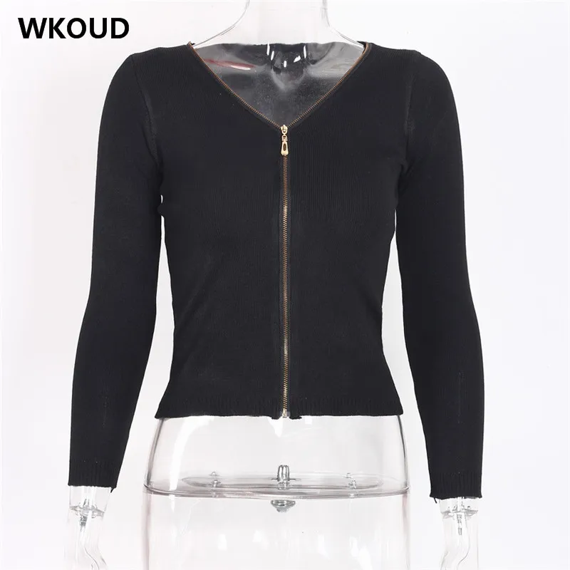 WKOUD 2018 Women Knitted Cardigans With Zipper Deep V-neck Sweaters Female Sexy Casual Slim Sweater Knitwear Crop Tops H1037 |