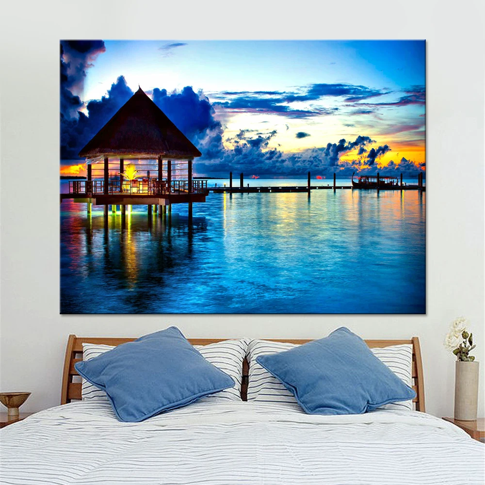 Набор из холста с морским домом настенные картины для декора гостиной модульные