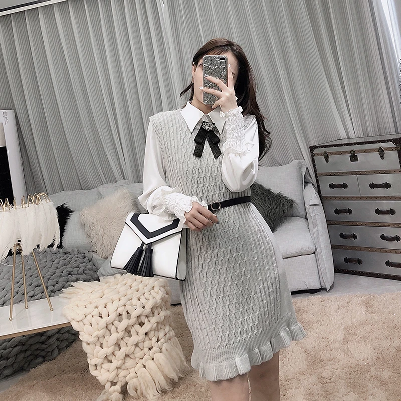 Женское вязаное платье ALPHALMODA изящное + рубашка с длинным рукавом костюм из 2