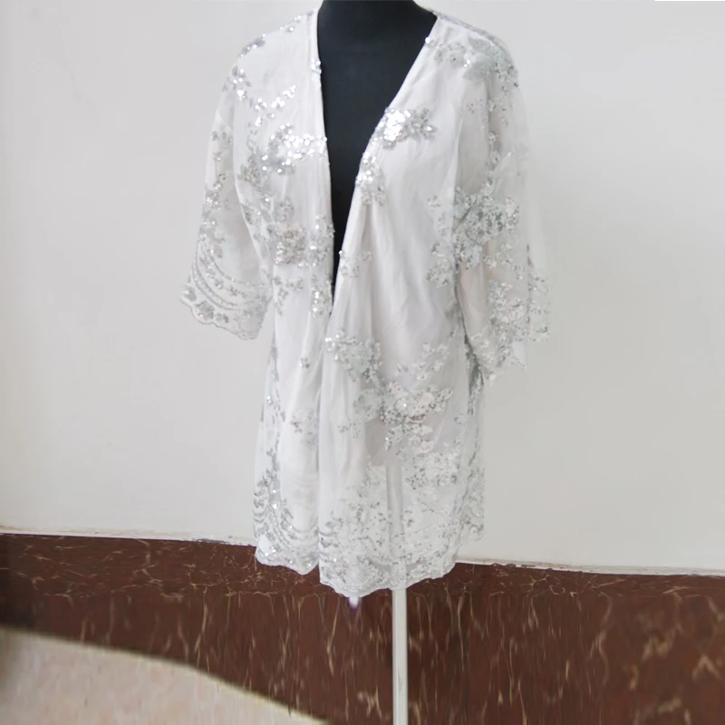 SESOAF 2018 Women New Chic Fashion Silver Sequined Cardigan Emboodery Kimono Casual beach Blouse Long Drop Shipping |