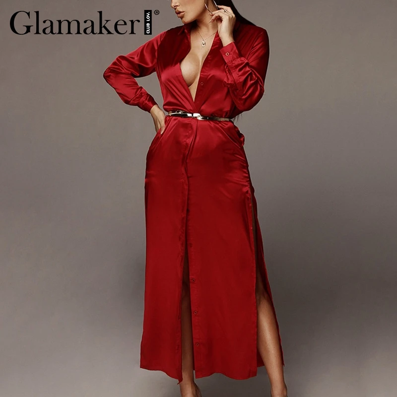 Glamaker Сексуальное Женское Платье-макси из сатина с высоким разрезом летнее