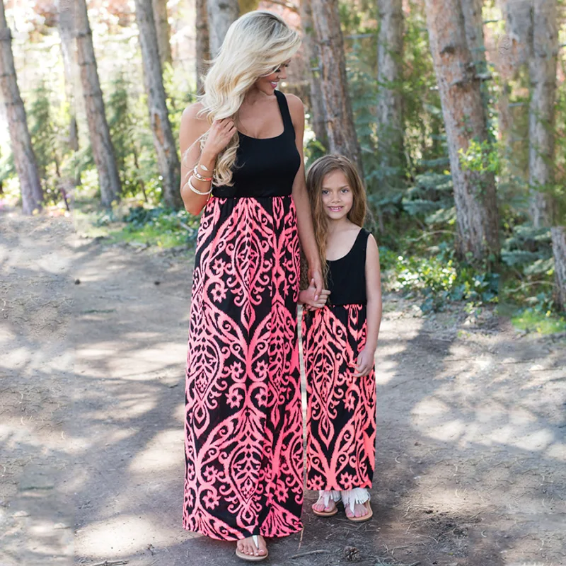 Для мамы и дочки Подходящее платье Лето рукавов Мода Pteris печати жилет для в стиле