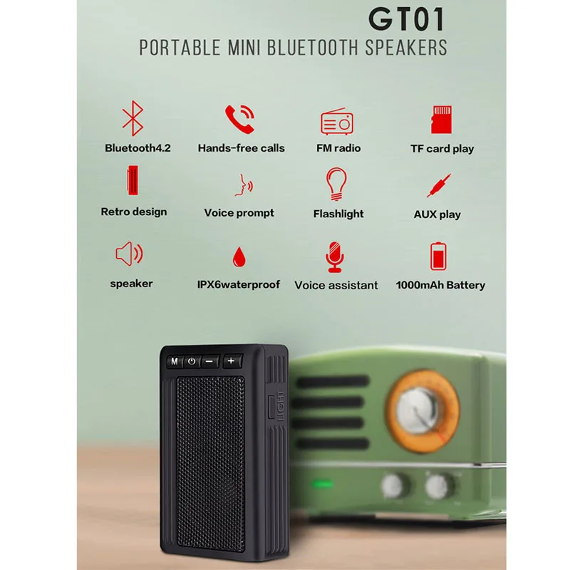 Портативный Ipx6 Водонепроницаемый Bluetooth динамик Gt01 пожилых радио фонарик