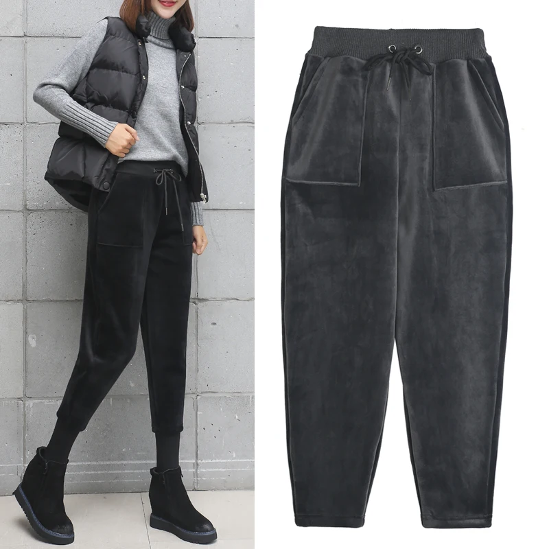 Loose velvetPants For Women spring Fall Fashion Winter Pants Women Grey Trousers Mid Waist Drawstring Casual