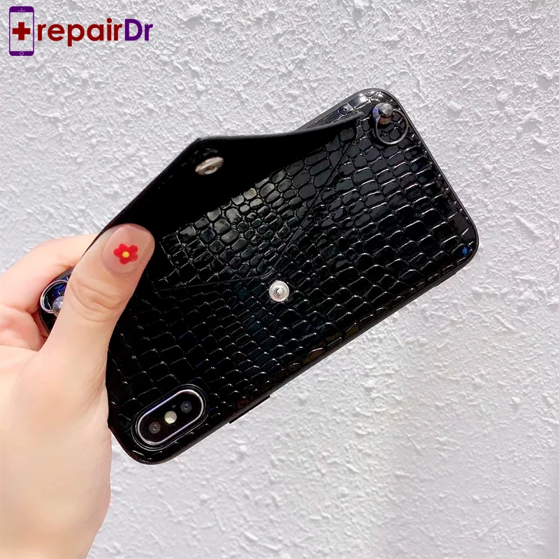 Luxury Case For iPhone XR XS Max Credit Card Snake Skin Phone Case For iPhone 6 7 8 Plus Wallet Strap Crossbody Long Chain Cover