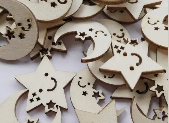 50pcs Laser Engraving Smile Star Moon Shape Wood Brick for Coth art\ Scrapbooking DIY\ Toy\ DIY Craft Supplies XP291 | Дом и сад