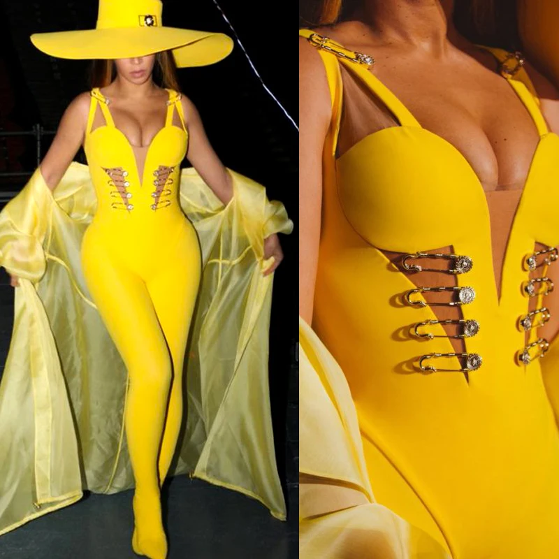 

Yellow Color Women's HL Bandage Jumpsuits Sexy V-Neck Bodycon Full Length Jumpsuits Celebrity Fashion wear High Quality