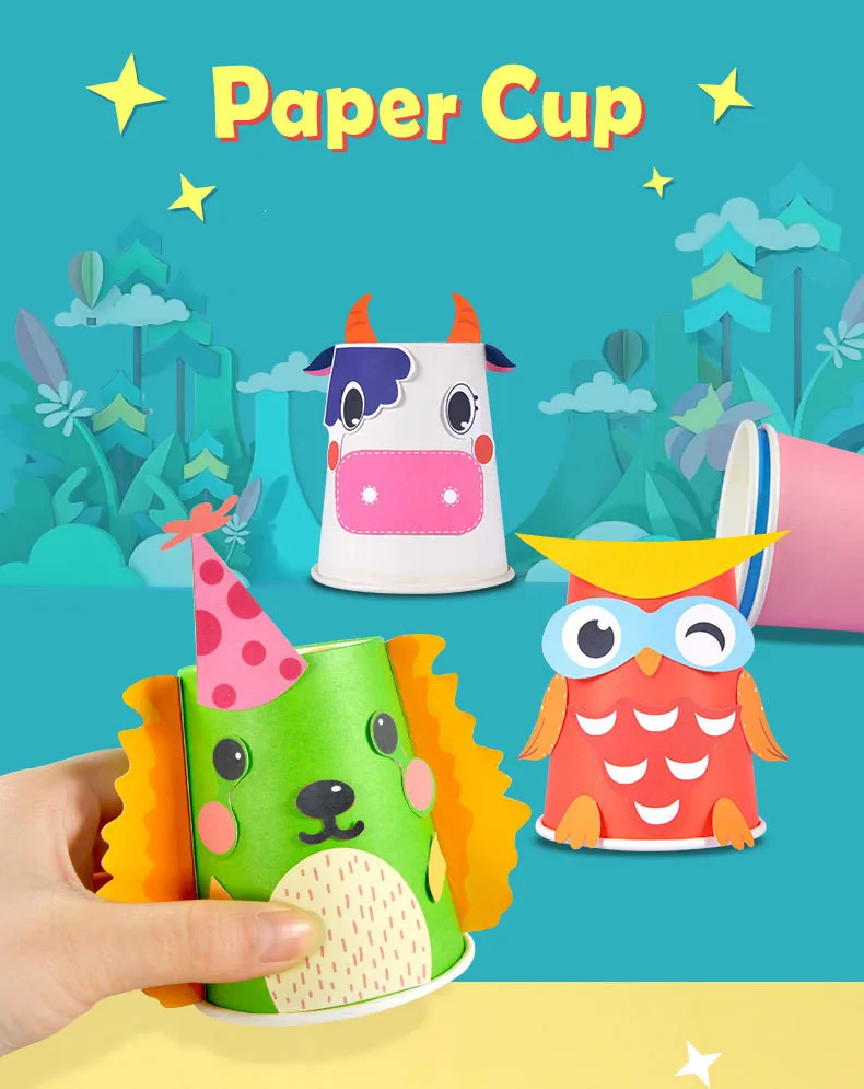 DIY Детские ремесла игрушки красочные бумажные чашки с мультяшным животным креативные наклейки живопись детский сад развивающие игрушки