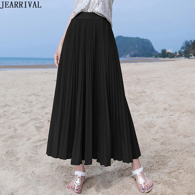 Summer Long Skirts Womens High Waist Vintage Boho Pleated Skirts Solid Color Chiffon Beach Maxi Skirt For Women Saia Faldas