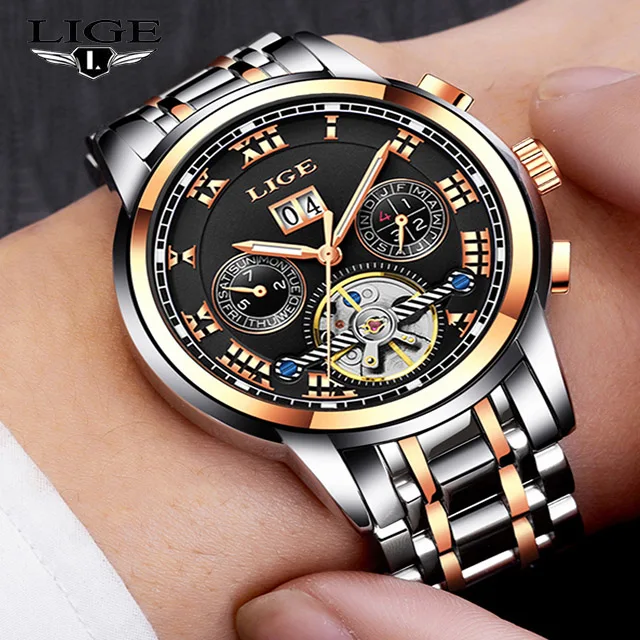 LIGE Элитный бренд для мужчин полный автоматический механические часы Tourbillon