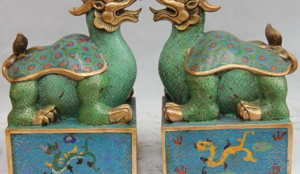 11 Медь Бронза Перегородчатой Эмали Дракон Черепаха черепаха Печать Статуя Пара |