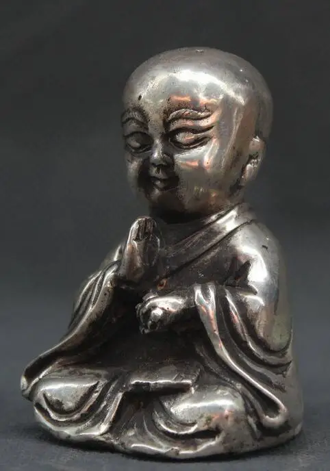 8 см Тибетский буддизм серебряное сиденье молитва маленький монах верующий