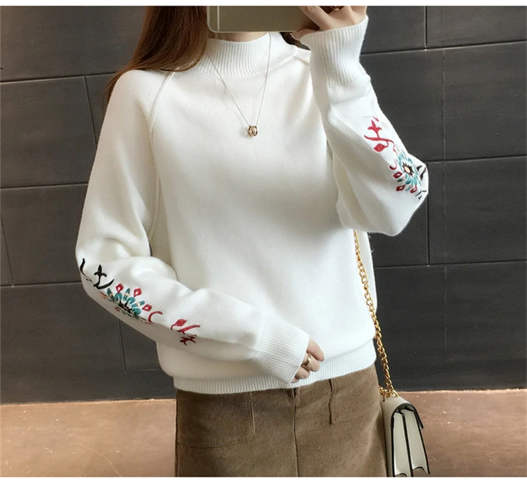 2021 Autumn Winter Floral Embroidery Knitted Sweater Women Pull Femme jersey jumper Tops sweaters and pullovers | Женская одежда