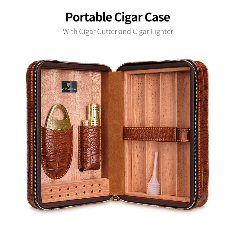 COHIBA портсигар для 4 сигар дерево кедра с подкладкой кожа для путешествий, сигара с сигарой резак и зажигалка CQ-001