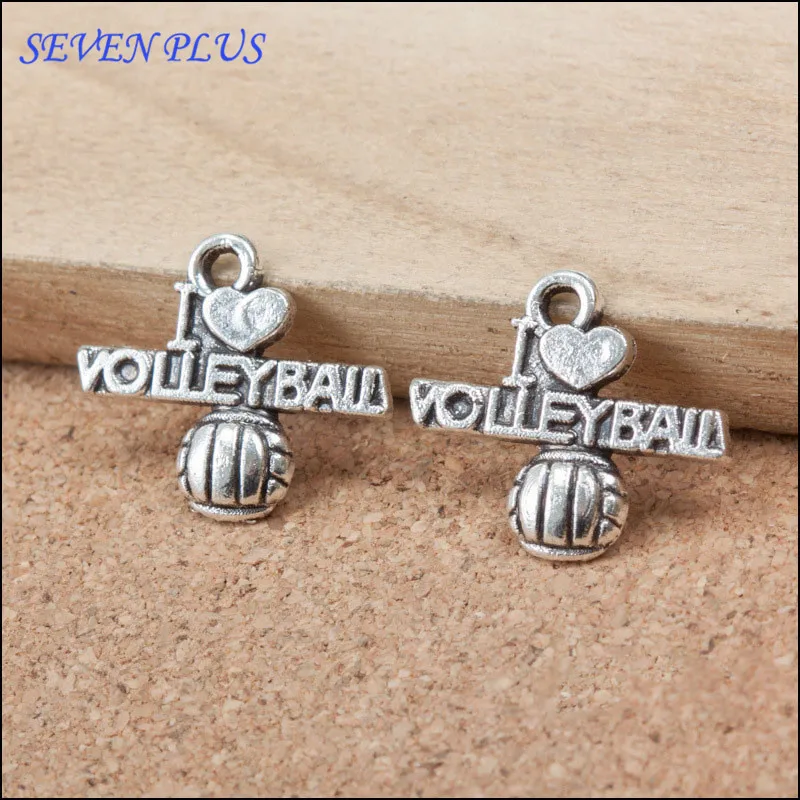 

High Quality 50 Pieces/Lot 16mm*19mm Antique Silver Plated I Love Volleyball Volleyball Sports Charms