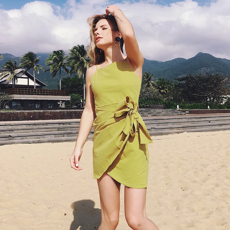 Повседневное однотонное платье для женщин асимметричное Slash шеи женские платья