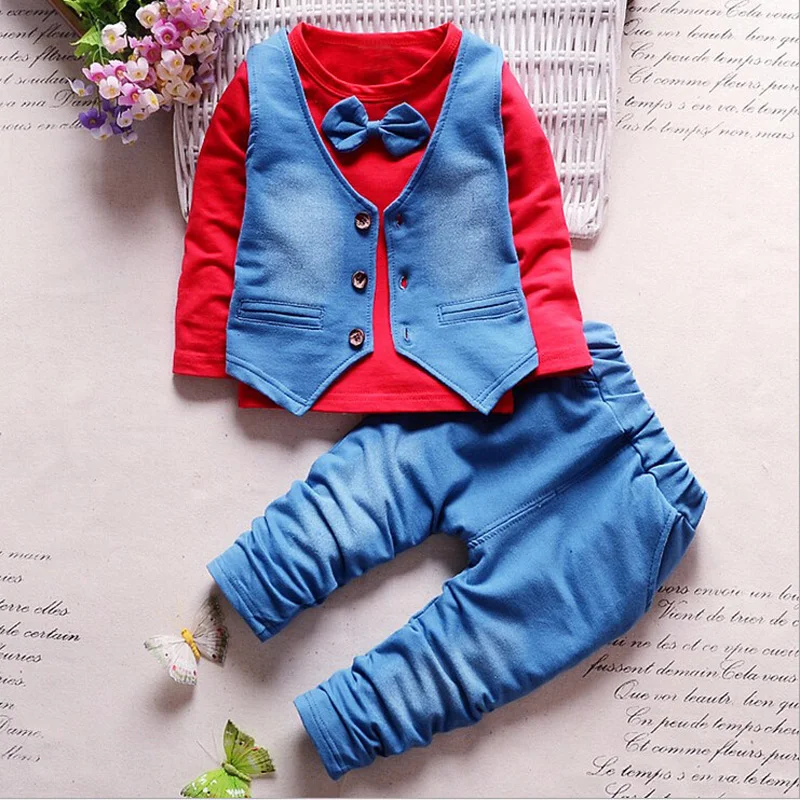 BibiCola baby boys clothing set infant spring autumn gentleman suit solid T-shirt denim jacket +pants 3pcs sport for kids |