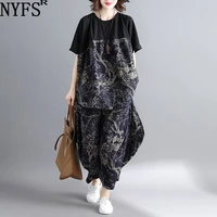nyfs 2021 new summer two piece set cotton linen women set abstract printing t shirtwide leg pants 2 piece set women