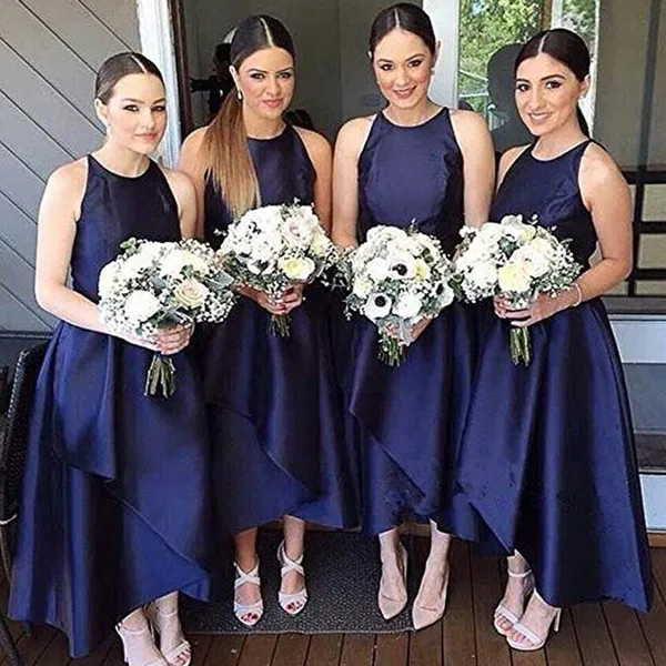 

Navy Blue Bridesmaid Dresses Sleeveless Satin High Low Crew Simple Maid Of Honor Dress Formal Prom Party Gowns