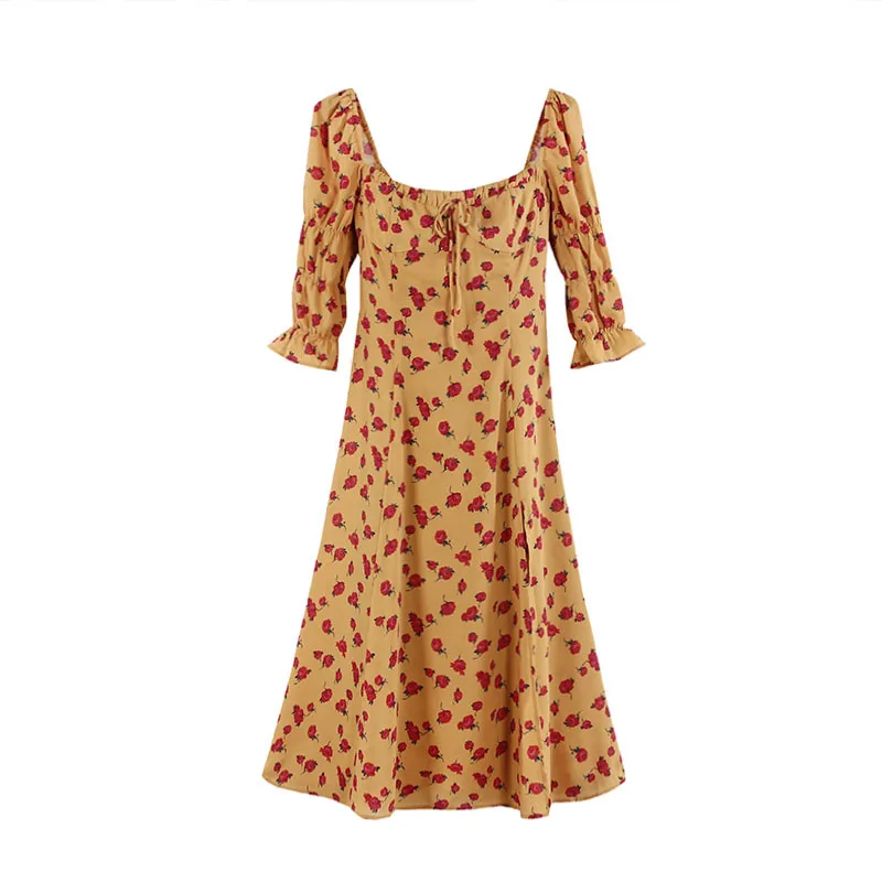 

PERHAPS U Yellow Rose Print Slash Neck Half Sleeve A Line Knee Length Dress Vintage Summer D1156