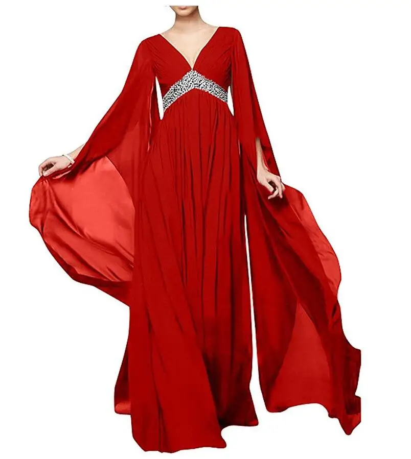 Красный шифон пром платья бисероплетение v образным вырезом ruched свободные рукава саудовская аравия maxi dress