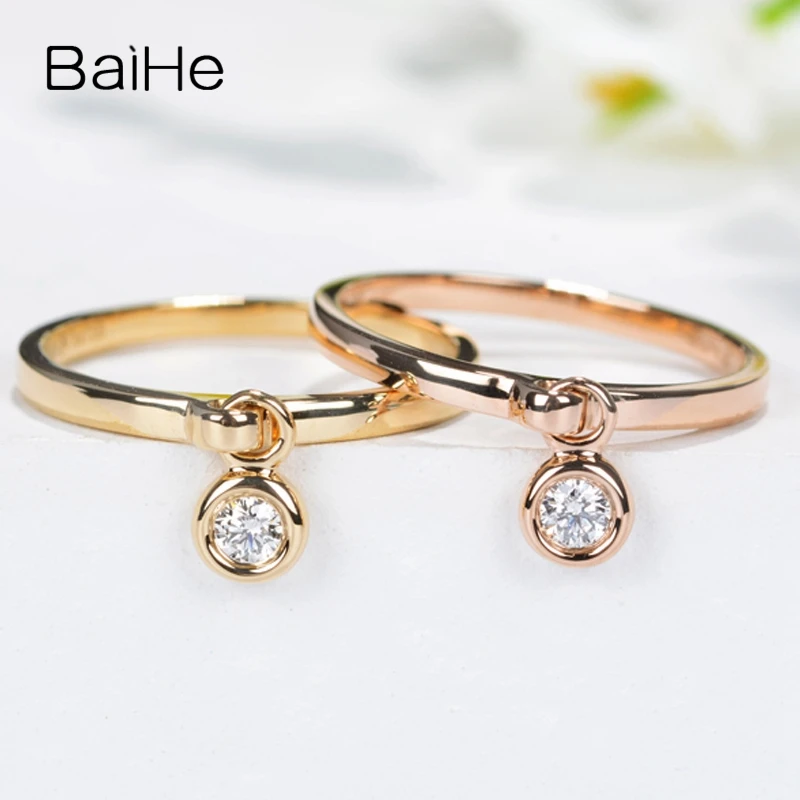 BAIHE Твердое 14 к желтое золото 0.10ct круглый Сертифицированный H/SI круглый натуральный бриллиант обручальное кольцо для женщин Мода Ювелирные украшения подарок кольцо