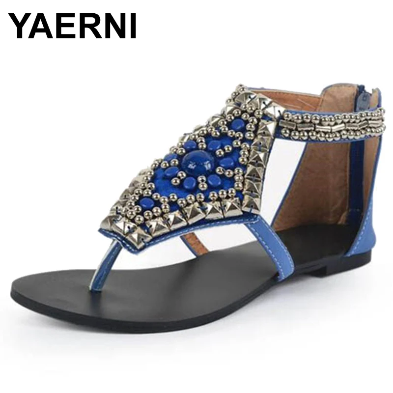 Yaerni2019элегантные босоножки со стразами и бусинами; женская модная повседневная обувь из искусственной кожи; Вьетнамки; однотонная женская обувь; большие размеры 40e1141
