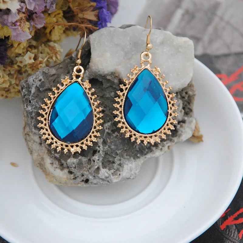 Bohemian Blue Color Carved Earrings Fashion Indian Jewelry Vintage Gypsy Crystal Water Drop for Women | Украшения и аксессуары
