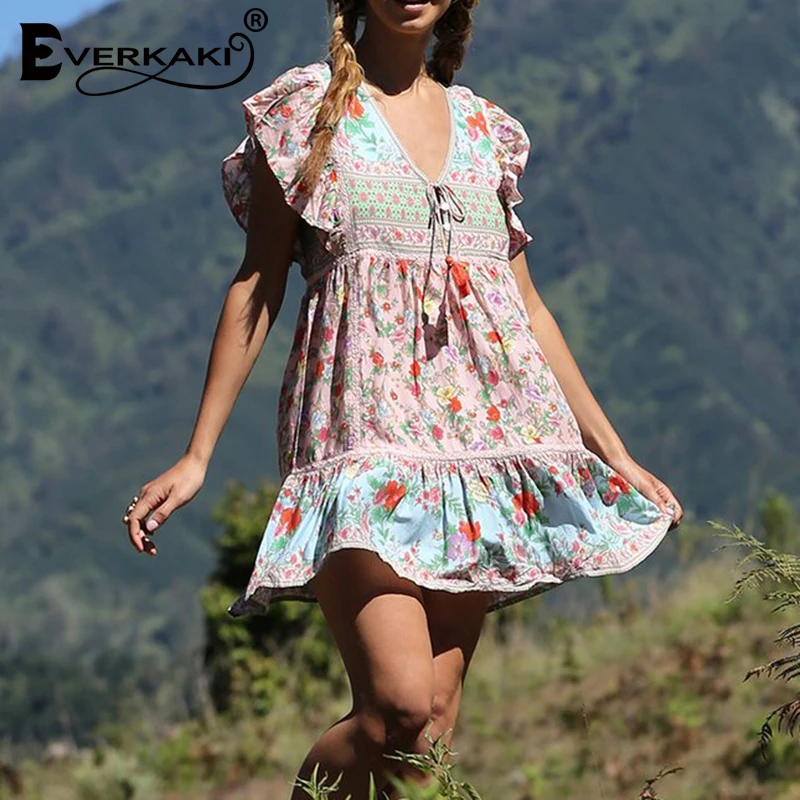 Фото Everkaki Boho мини-платье с принтом женское платье кисточками на шнуровке v-образный Everkaki Boho мини-платье с принтом женское платье кисточками на шнуровке v-образный