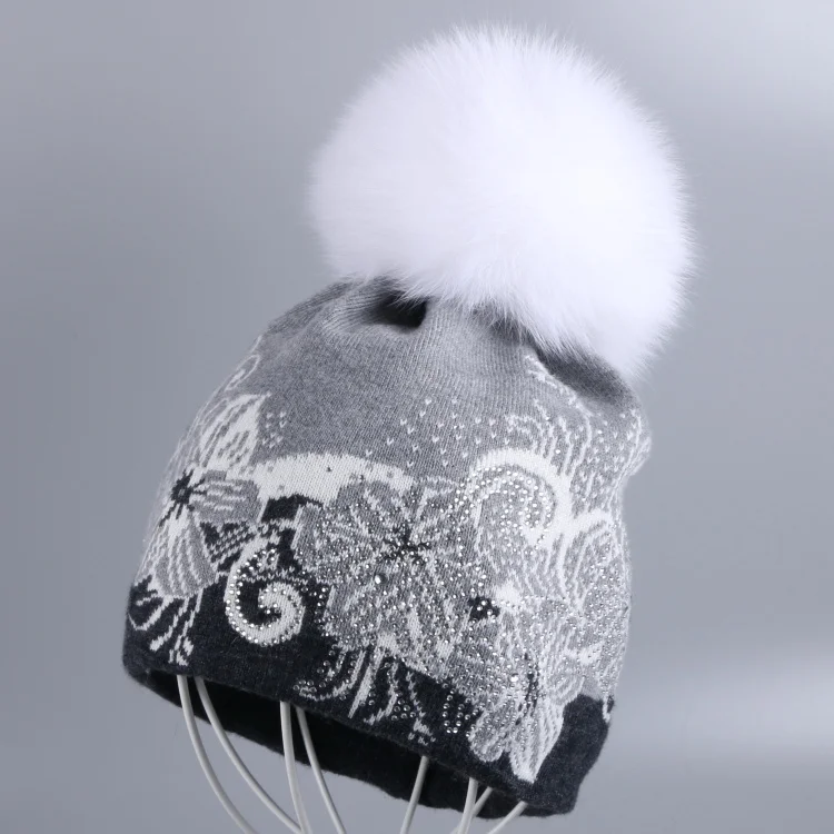 Fox Pompom Новые женские кашемировые зимние шапки с натуральным лисьим мехом, шапка с меховым помпоном с цветочным рисунком, теплая Толстая шерстяная брендовая зимняя шапка из меха норки, новинка - Цвет: Fox Pompom