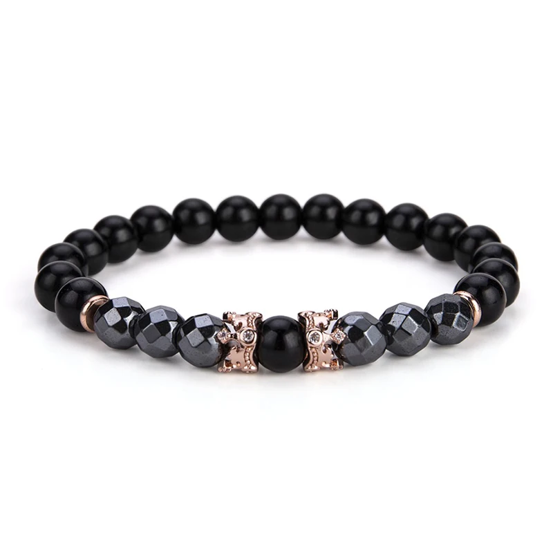 Rose Gold Трендовый браслет из гематита для мужчин, роскошный браслет с короной для мужчин, крутые байкерские украшения, аксессуары, натуральный камень, браслет с бусинами Joyas - Окраска металла: Rose Gold